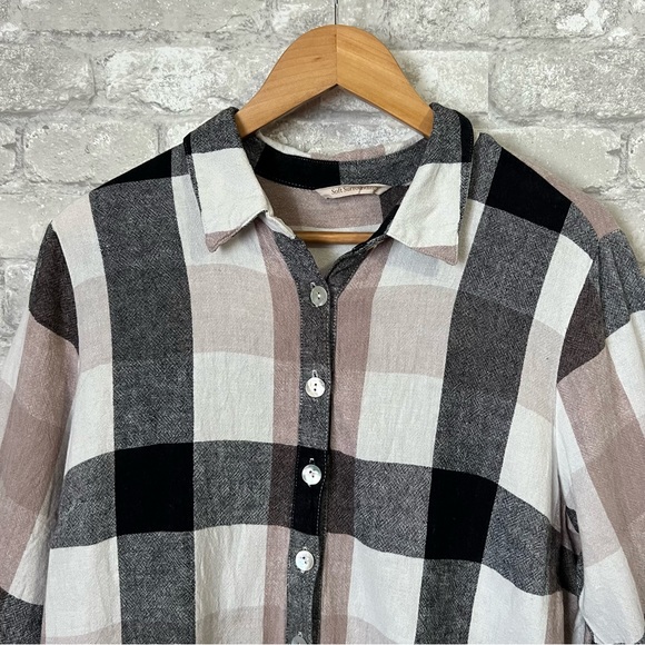 Soft Surroundings Women's Large Carreaux Plaid Linen Blend Back Zip Blouse Beige - Picture 4 of 12